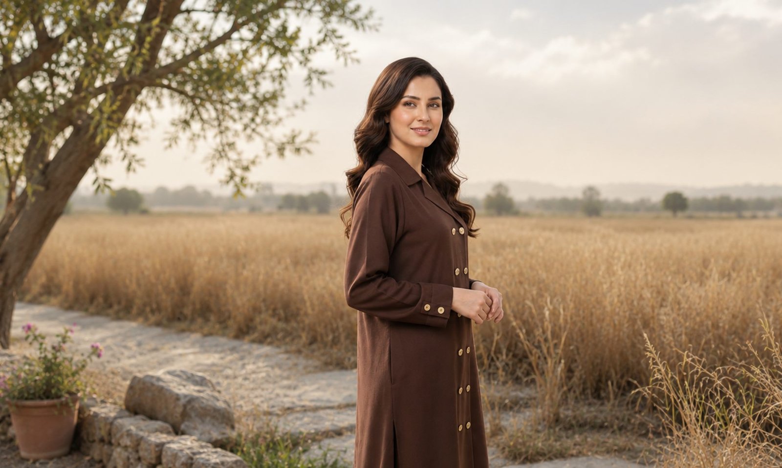 Model in a ZINNEA brown coat-dress in a golden field